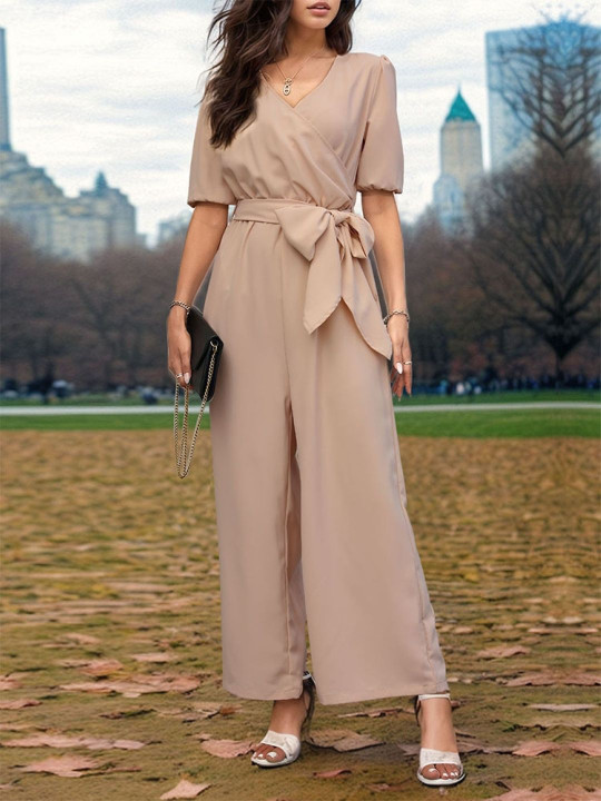 StyleCast Women V-Neck Waist Tie-Ups Wrap Jumpsuit