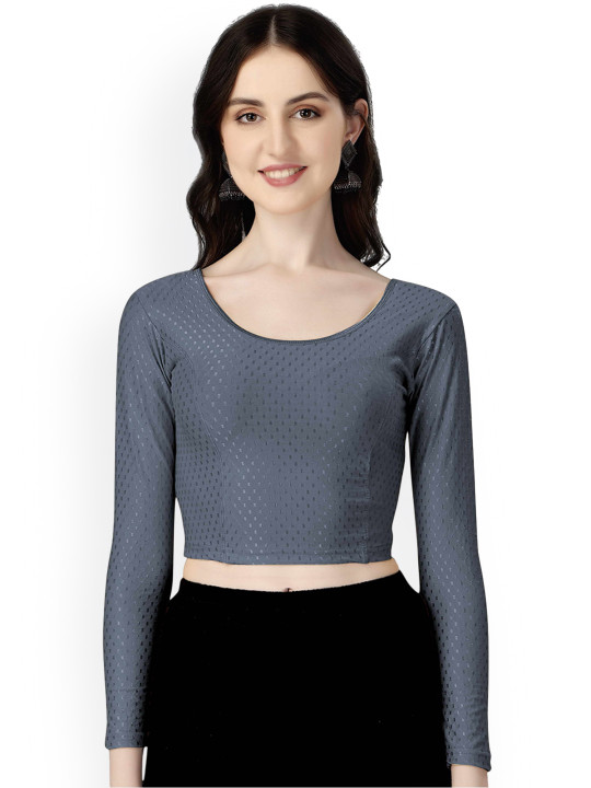 HERE&NOW Woven-Design Round Neck Stretchable Saree Blouse