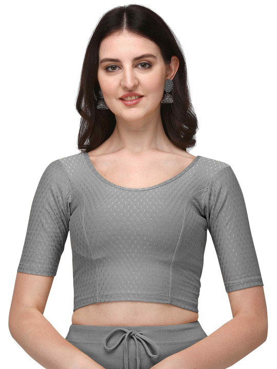 HERE&NOW Woven-Design Round Neck Stretchable Saree Blouse