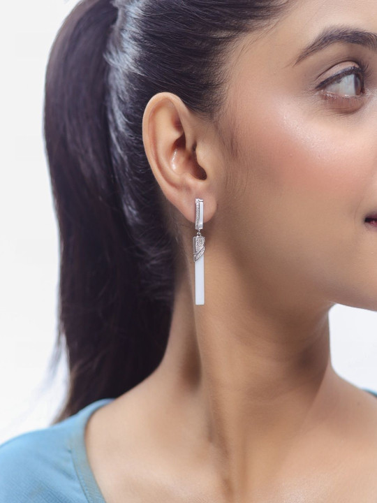 TASSYA Silver-Plated Artificial Stones Studded Rectangular Shaped Drop Earrings