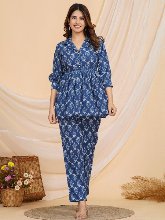 SAME FIT Blue Printed Cotton Tunic & Trousers Co-Ord Set