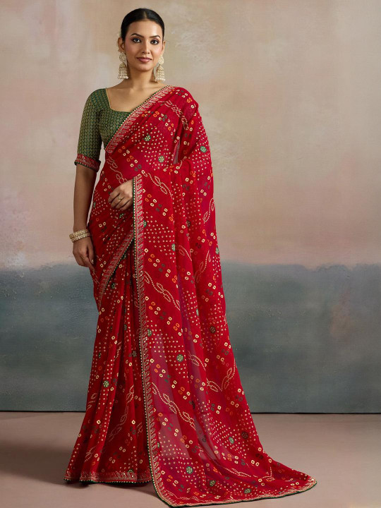 Mitera Bandhani Printed Zari Pure Georgette Saree