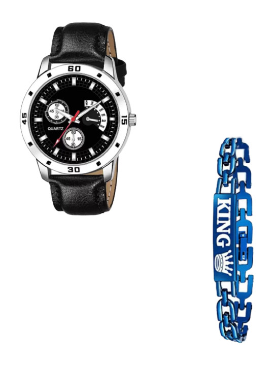 Miss Perfect Men Leather Straps Analogue Watch and Bracelet Gift Set