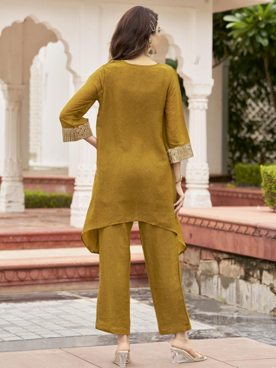Anouk Women Mustard Embroidered Tunic & Trousers Co-Ords