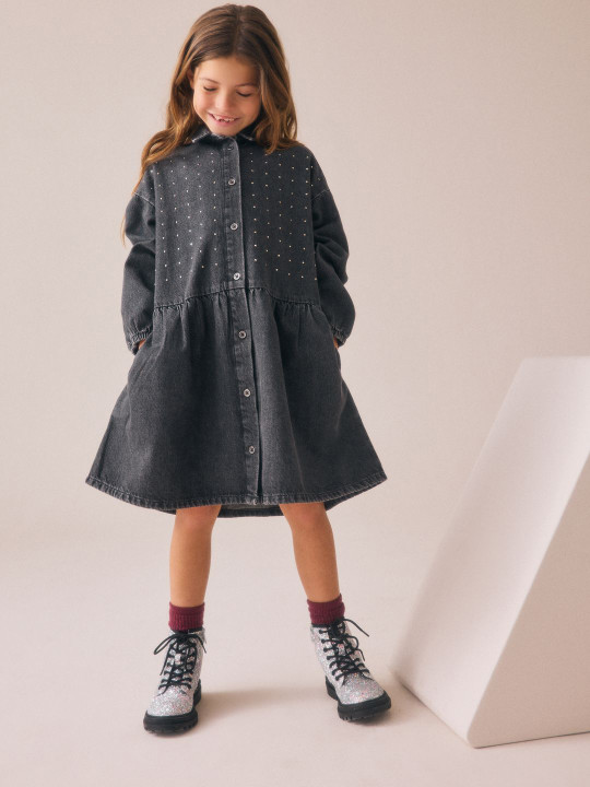 NEXT Girls Embellished Denim Shirt Dress