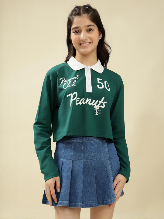 Lil Tomatoes Girls Green Shirt Collar Cotton Long Sleeves Casual Top