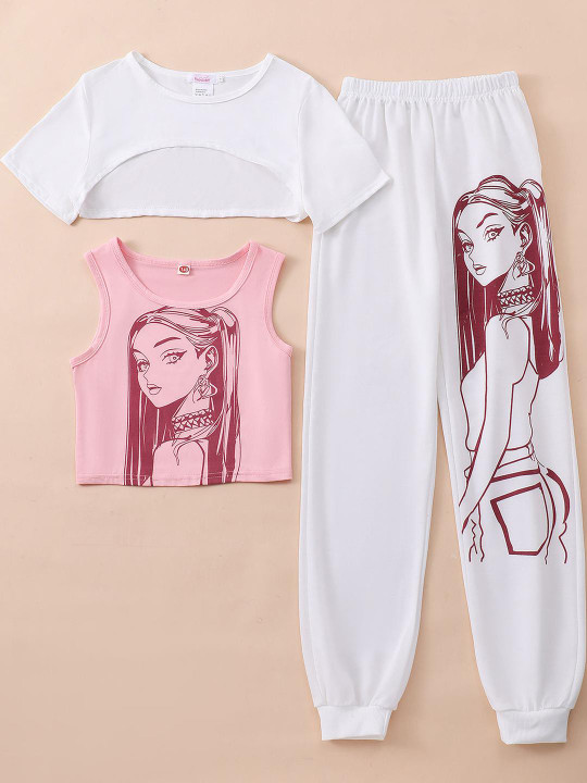Hopscotch White and Pink Graphic Print T-Shirt, Tank Top and Pant Set