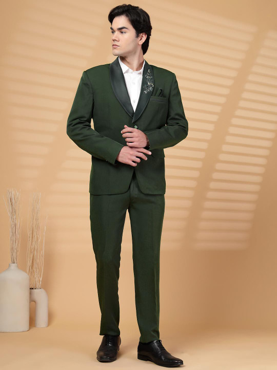 KLOTTHE Men Green Embroidery Single-Breasted Two-Piece Party Suit