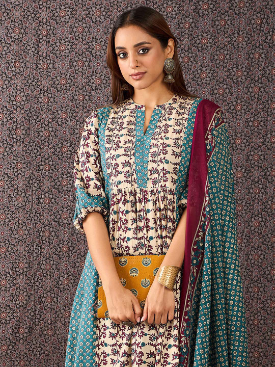Indo Era Floral Printed Mandarin Collar Pure Cotton A-Line Kurta & Trousers With Dupatta