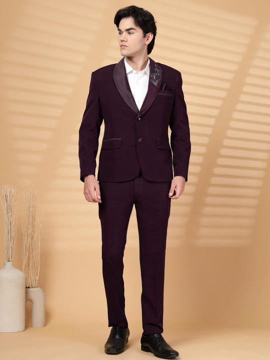 KLOTTHE Men Wine Embroidery Single-Breasted Two-Piece Party Suit