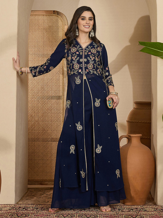 Sangria Navy Blue Georgette Zari Sequence Thread Embroidered Kurta And Palazzo
