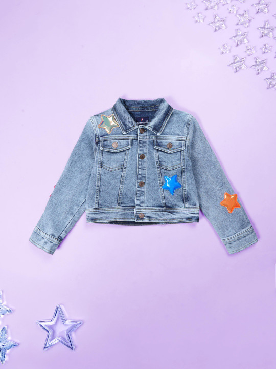 KiddoPanti Girls Lightweight Denim Jacket with Patchwork