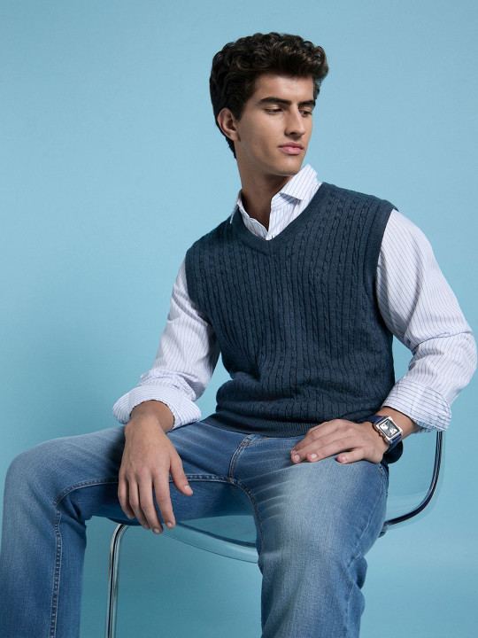 Allen Solly Men Cable Knit Ribbed Sweater Vest