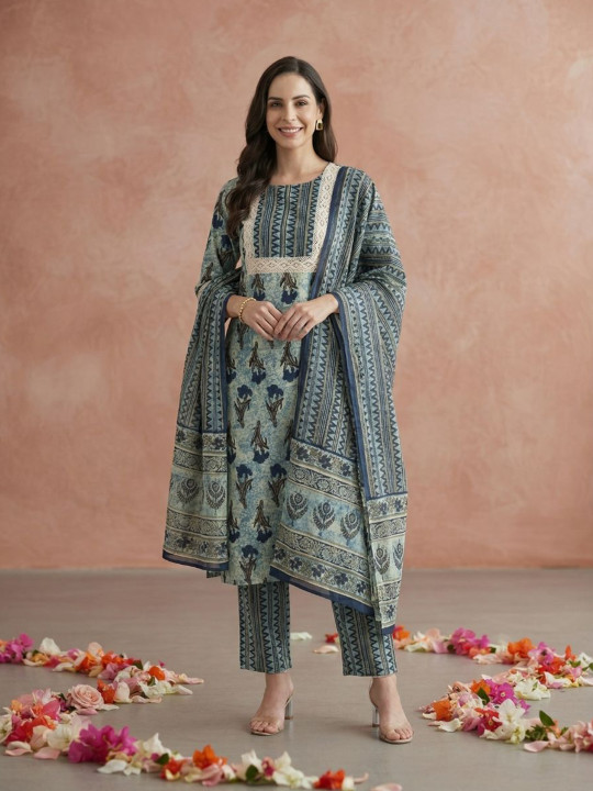 Yuris Women Blue Printed Yoke Design Regular Kurta With Trouser & Dupatta