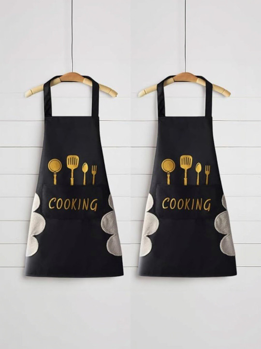 Pack Of 2 Printed Waterproof Aprons With Pocket & Side Hand-Wiping Towel