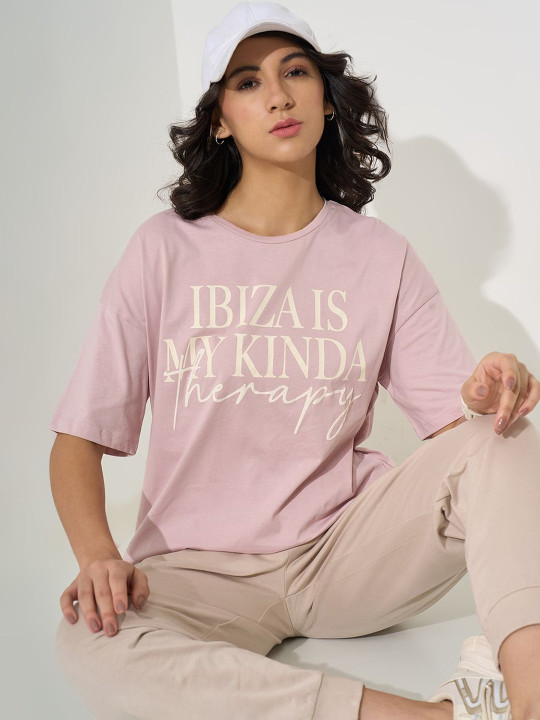Ajile by Pantaloons Women Typography Printed Drop-Shoulder Sleeves T-shirt