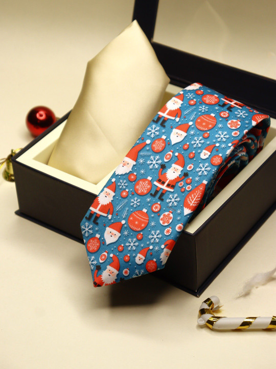 Alvaro Castagnino Santa Snowflake Blue Necktie & Off-White Pocket Square Gift Set