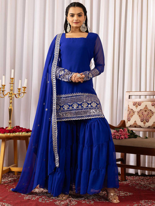 AXI COUTURE Women Ethnic Motifs Embroidered Regular Sequinned Kurta with Sharara & With Dupatta