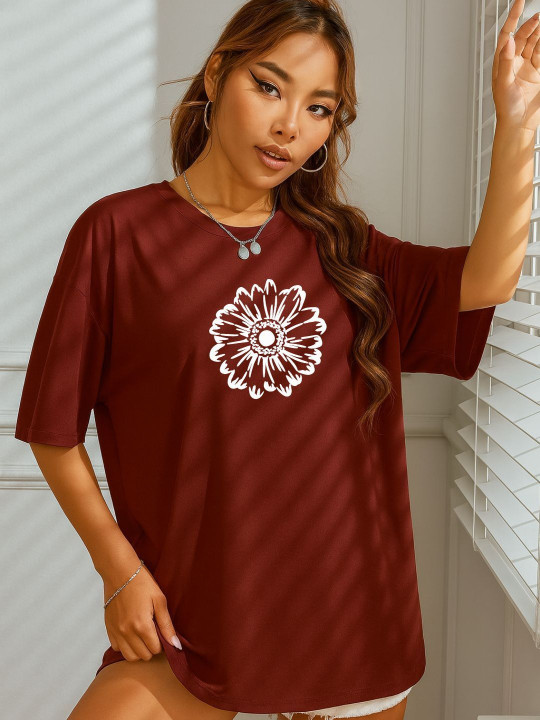 SZN Women Floral Printed Drop-Shoulder Sleeves T-shirt