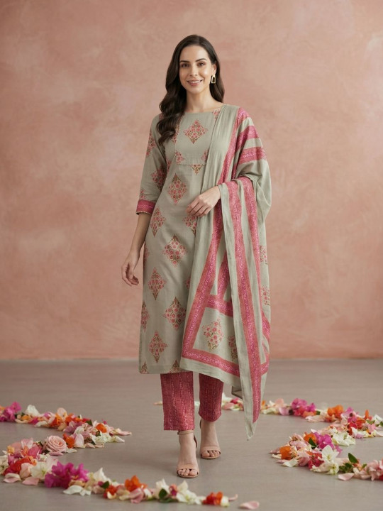 Yuris Ethnic Motifs Yoke Design Gotta Patti Kurta With Trousers & Dupatta
