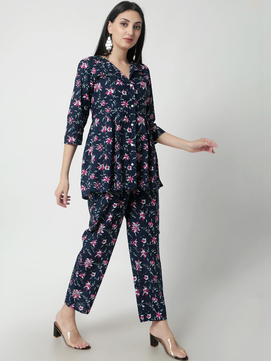 Varun Handicraft Navy Floral Printed Cotton Tunic & Trousers Co-Ord Set