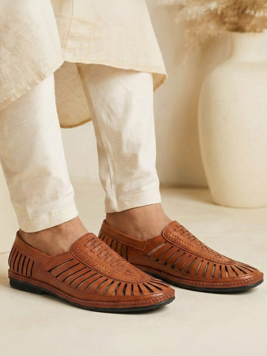 FAUSTO Men Tan Woven Design Loafers