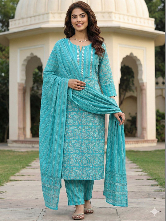 Anouk Women Floral Printed Regular Thread Work Pure Cotton Kurta with Trousers & With Dupatta