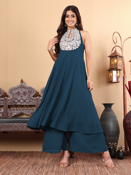 Varanga Women Ethnic Motifs Embroidered Panelled Thread Work Silk Georgette Kurta with Palazzos