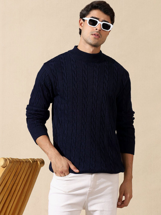 Roadster The Lifestyle Co Self Design Cable Knit High Neck Sweater