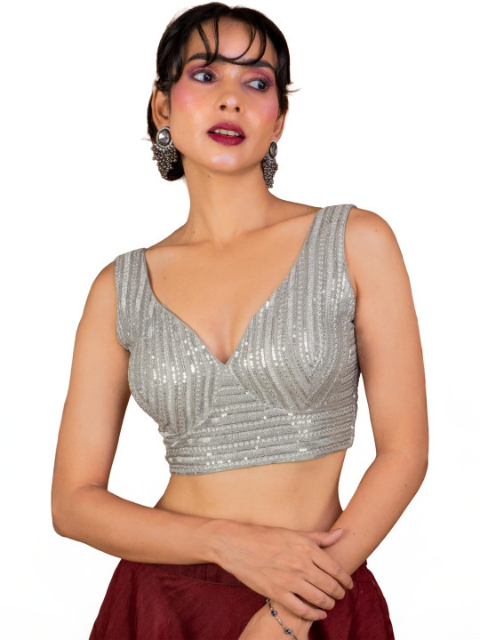 Embroidered V-Neck Sleeveless Saree Blouse