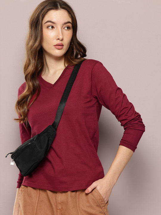 DILLINGER Women's Regular Fit Long Sleeve Solid V-Neck Tshirt