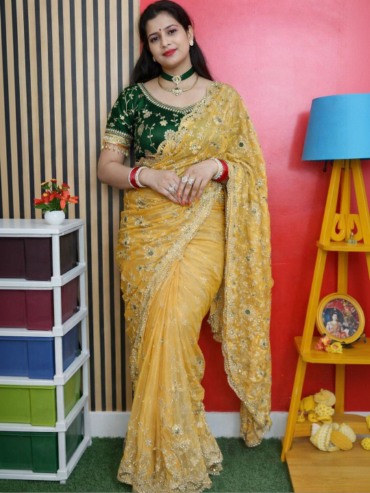 A.G.M.G FASHION Embellished Zari Satin Heavy Work Saree