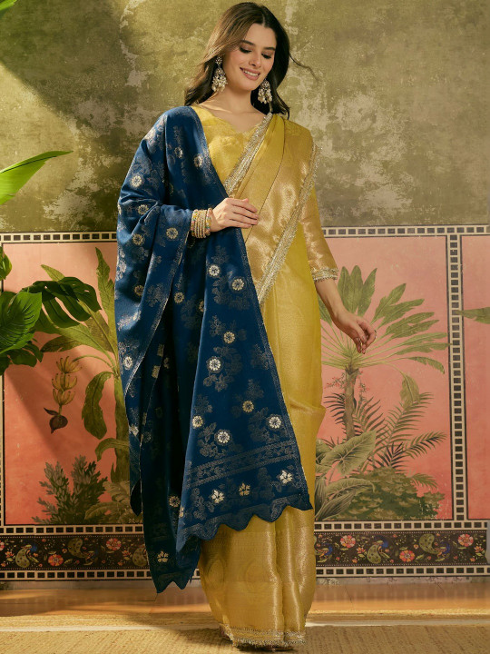Sangria Pashmina scalloped Blue floral Shawl