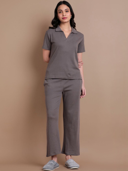 TWIN BIRDS Striped Polo Collar Cotton T-Shirt & Trousers