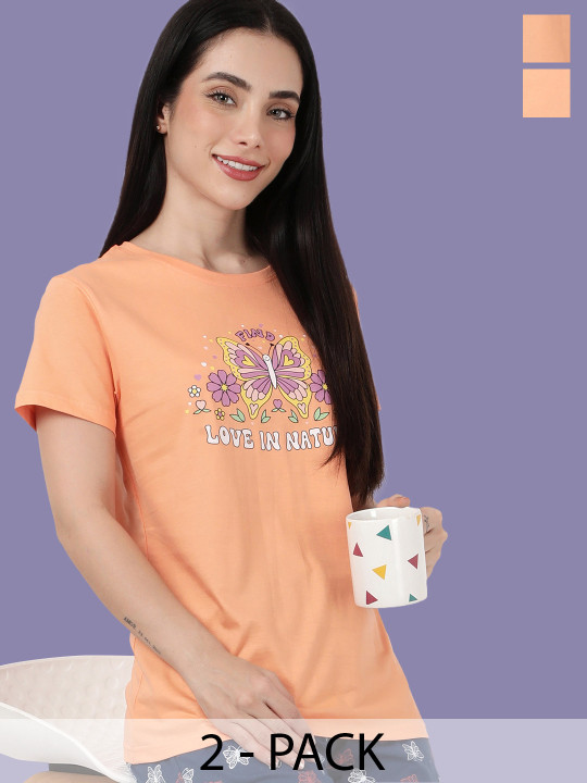 Kryptic Pack Of 2 Relaxed Fit Printed Cotton Lounge Tshirts