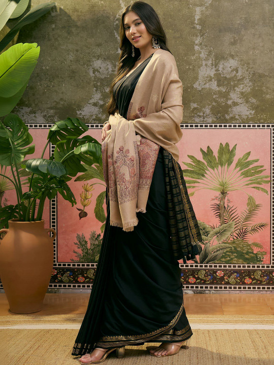 Sangria Pashmina Ethnic Beige Floral Woolen Shawl