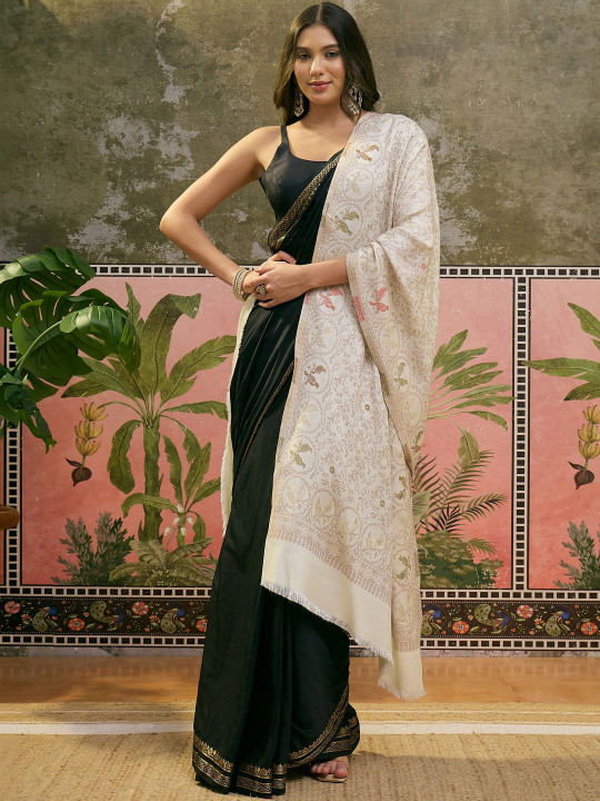 Sangria Pashmina Ethnic Black Floral Woolen Shawl