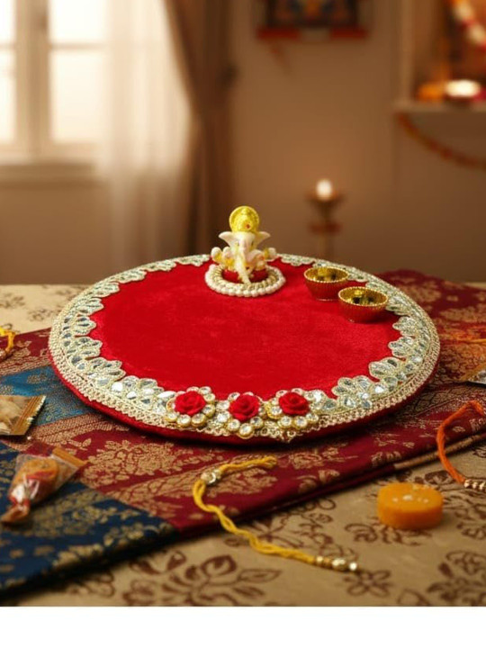 PUFFSMART White & Red Flower Pooja Thali
