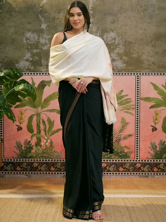 Sangria Pashmina Ethnic White Floral Woolen Shawl