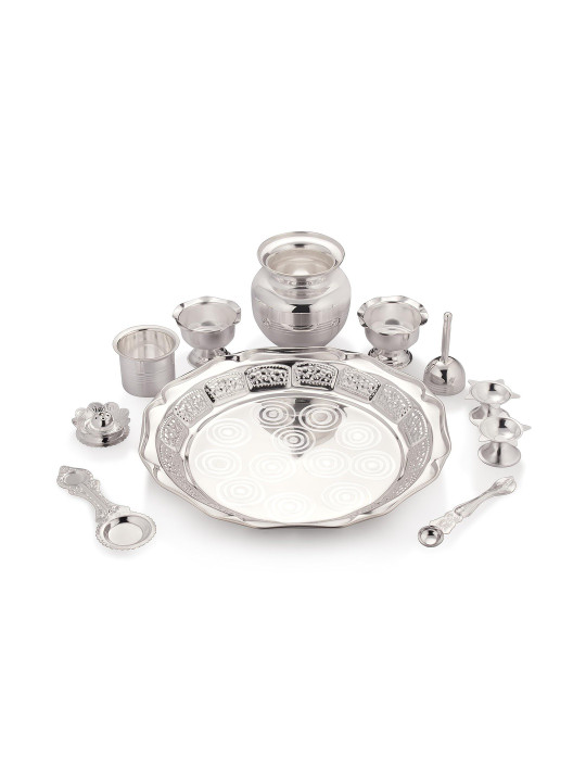 Silverglow 11 Pieces Silver-Plated Stainless Steel Puja Thali Set