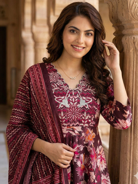 Anouk Women Floral Embroidered Regular Thread Work Pure Cotton Kurta with Trousers & With Dupatta