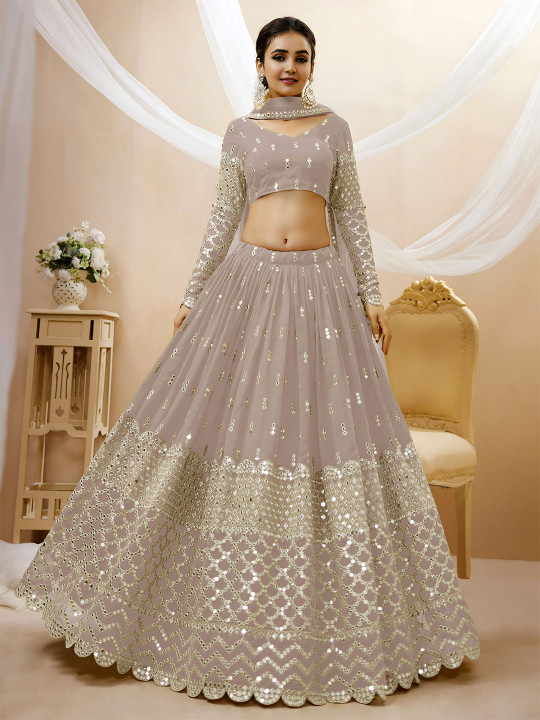 FABPIXEL Embroidered Mirror Work Semi-Stitched Lehenga Choli With Dupatta