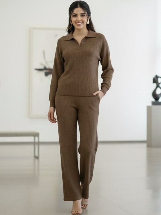 DressBerry Women Self Design Spread Collar T-Shirt With Trouser Set