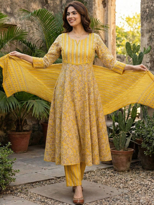 Anouk Women Floral Embroidered Regular Thread Work Pure Cotton Kurta with Trousers & With Dupatta
