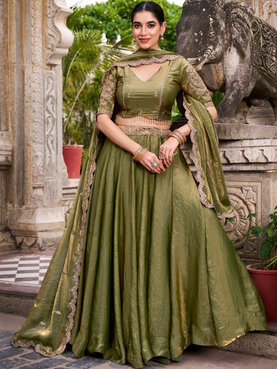 LOOKNBOOK ART Metallic Mehendi Fendi Silk Lehenga Choli Set with Zari Weaving Dupatta