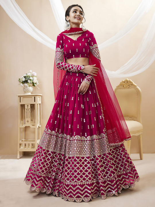 FABPIXEL Embroidered Sequinned Semi-Stitched Lehenga & Unstitched Blouse With Dupatta
