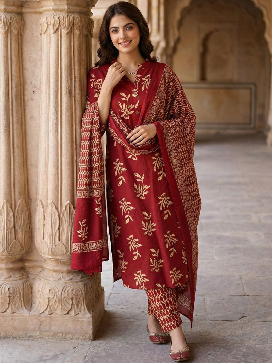 Anouk Women Ethnic Motifs Printed Regular Pure Cotton Kurta with Trousers & With Dupatta