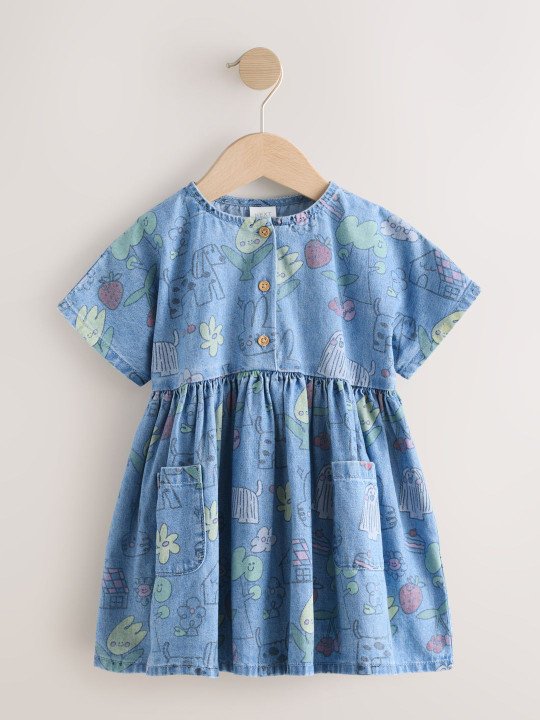 NEXT Girls Printed Pure Cotton Denim Dress