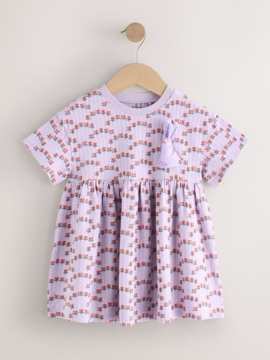 NEXT Girls Floral Print Gathered or Pleated Cotton Dress with Applique