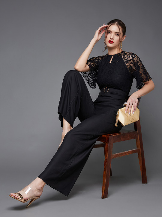 Miss Chase Women Black Round Neck Flared Sleeve Floral Raglan Regular Jumpsuit